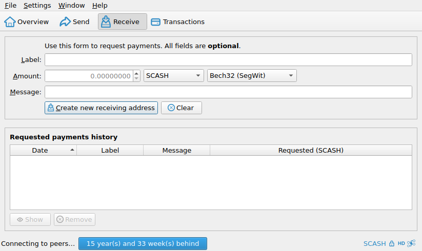 Scash desktop wallet Receive tab with optional label, amount and message fields, and the Create new receiving address button.